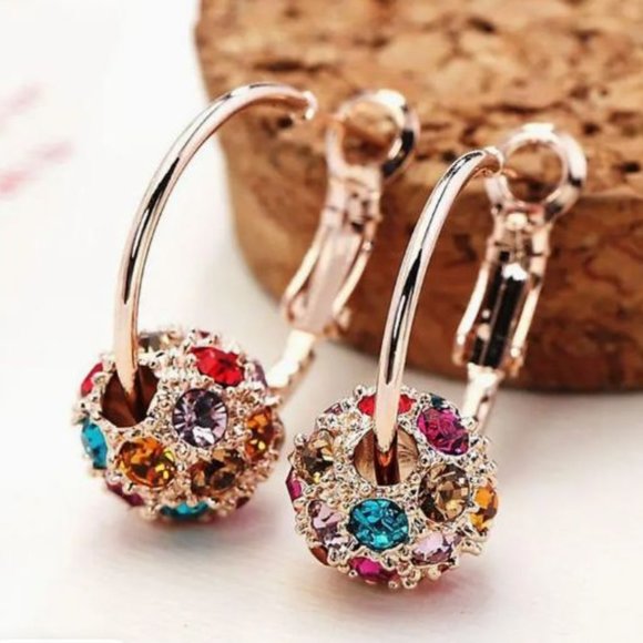 Gorgeous Gold Toned Earrings with Rhinestone Bead Colorful Hoops - Picture 1 of 1